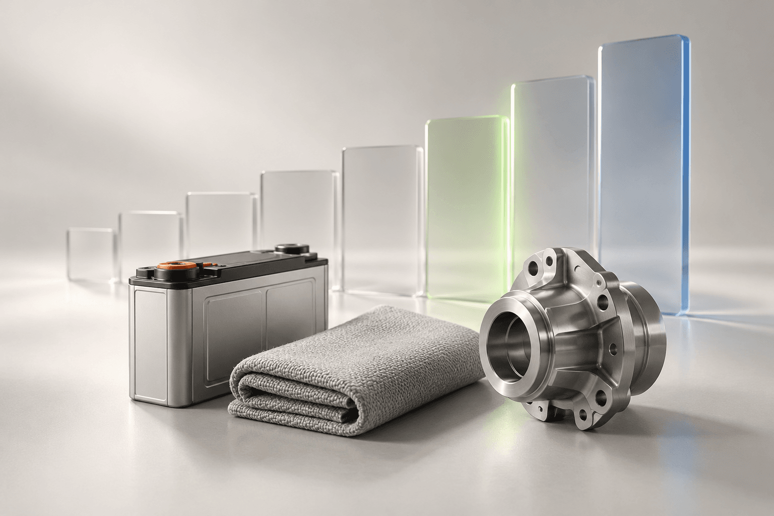 A battery, textile and steel component arranged before a sequence of milestones