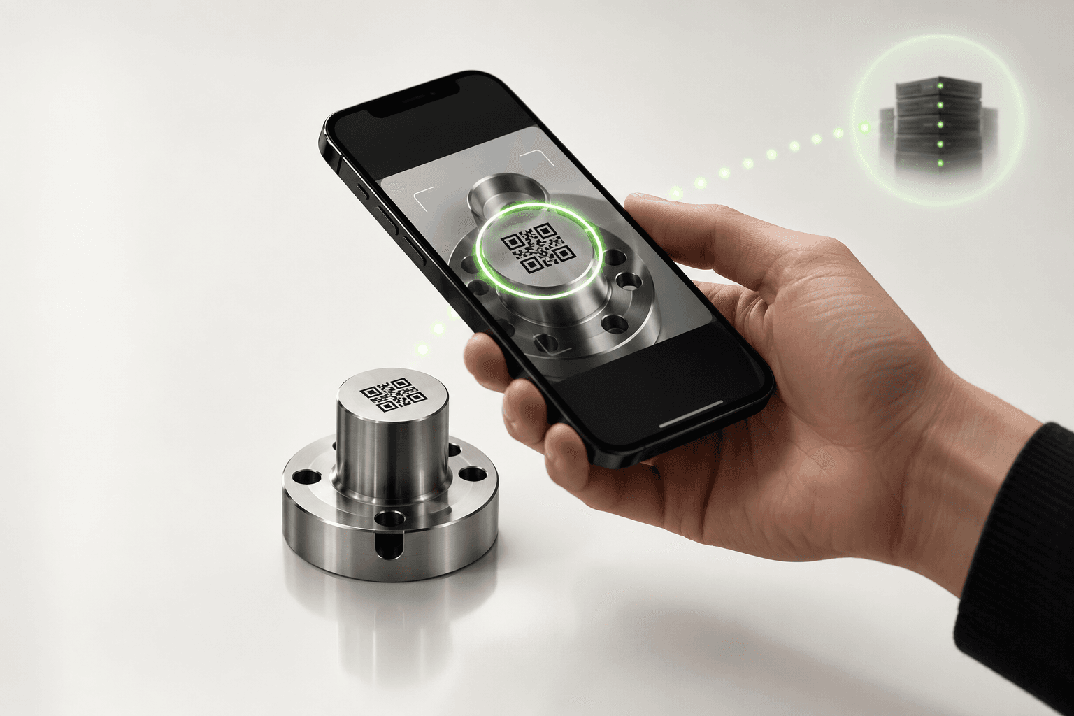 A phone scanning a unique code on a precision-made product